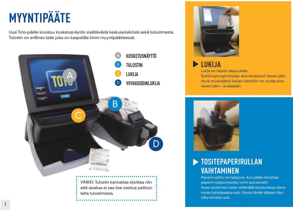 Hyvä muistisääntö lukijan käyttöön on: nuolet aina itseesi päin ja alaspäin. C B 2 VINKKI: Tulostin kannattaa sijoittaa niin että asiakas ei saa itse otettua pelitositetta tulostimesta.