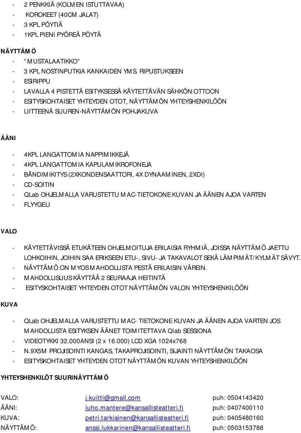 LANGATTOMIA NAPPIMIKKEJÄ - 4KPL LANGATTOMIA KAPULAMIKROFONEJA - BÄNDIMIKITYS (2XKONDENSAATTORI, 4X DYNAAMINEN, 2XDI) - CD-SOITIN - QLab OHJELMALLA VARUSTETTU MAC-TIETOKONE KUVAN JA ÄÄNEN AJOA VARTEN