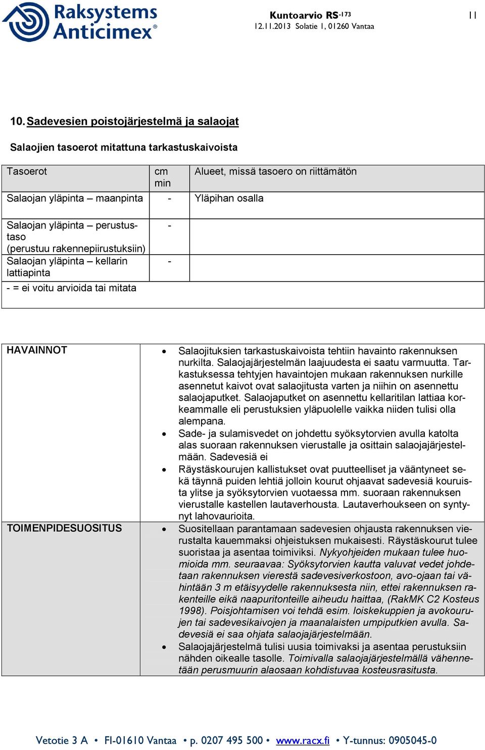 yläpinta perustustaso (perustuu rakennepiirustuksiin) Salaojan yläpinta kellarin lattiapinta - = ei voitu arvioida tai mitata - - HAVAINNOT Salaojituksien tarkastuskaivoista tehtiin havainto