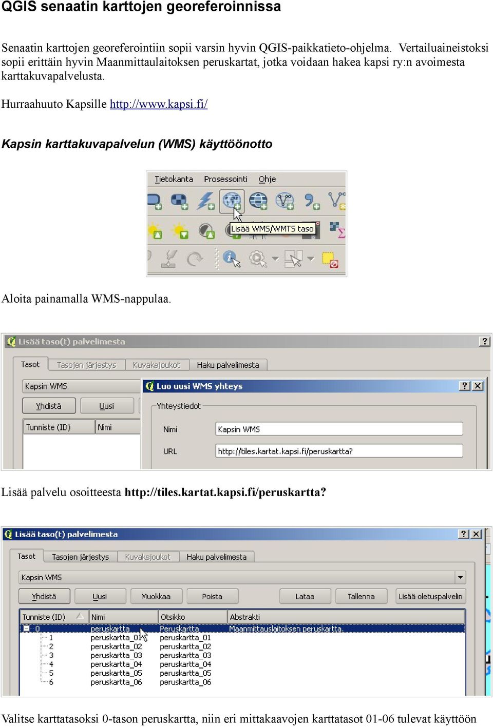 Hurraahuuto Kapsille http://www.kapsi.fi/ Kapsin karttakuvapalvelun (WMS) käyttöönotto Aloita painamalla WMS-nappulaa.