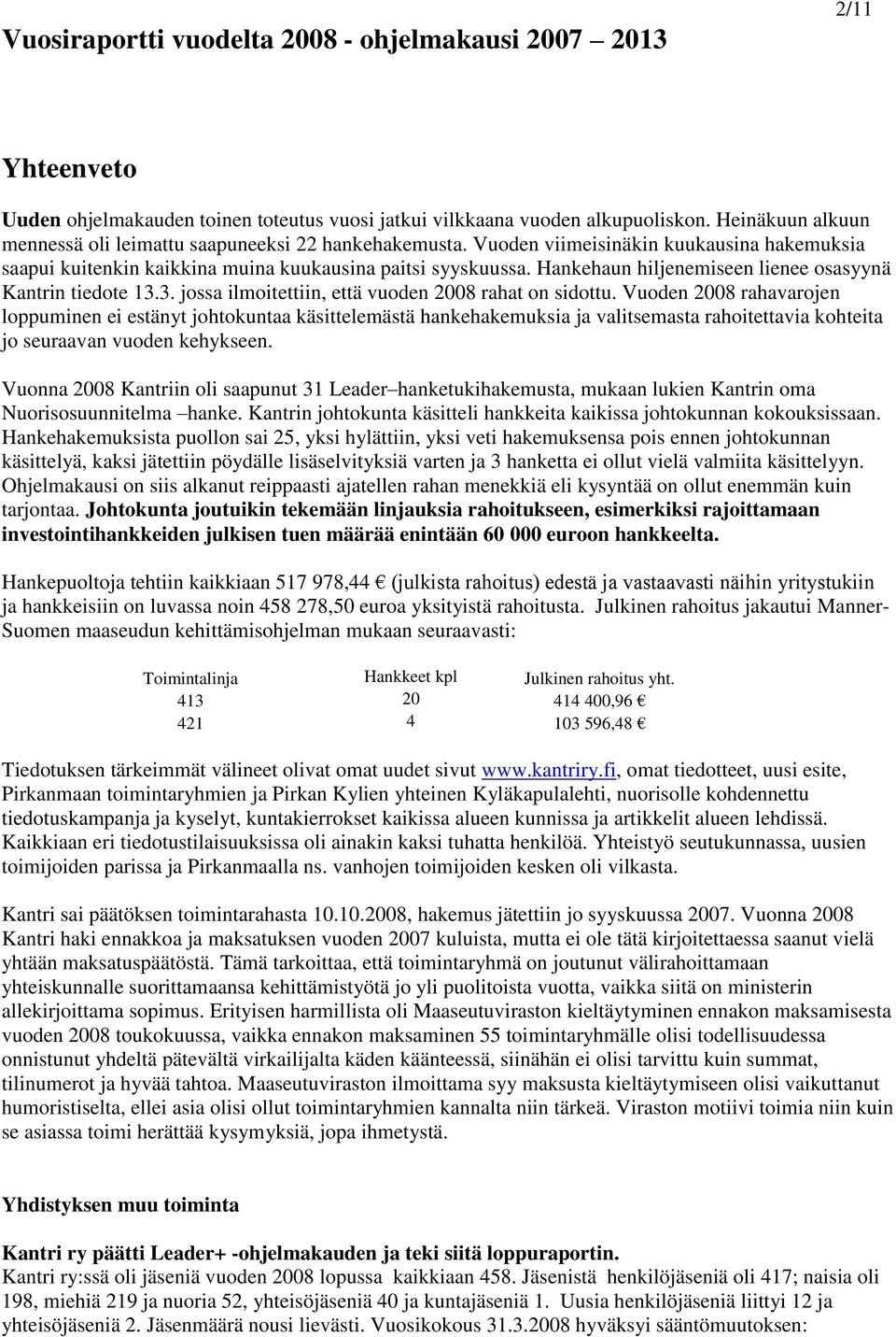 Hankehaun hiljenemiseen lienee osasyynä Kantrin tiedote 13.3. jossa ilmoitettiin, että vuoden 2008 rahat on sidottu.