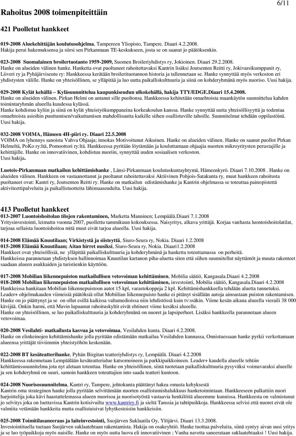 Hanketta ovat puoltaneet rahoitettavaksi Kantrin lisäksi Joutsenten Reitti ry, Jokivarsikumppanit ry, Liiveri ry ja Pyhäjärviseutu ry: Hankkeessa kerätään broilerituotannon historia ja tallennetaan