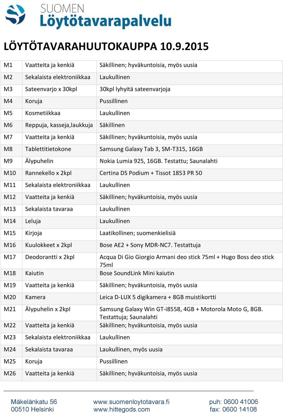 Laukullinen M6 Reppuja, kasseja,laukkuja Säkillinen M7 Vaatteita ja kenkiä Säkillinen; hyväkuntoisia, myös uusia M8 Tablettitietokone Samsung Galaxy Tab 3, SM-T315, 16GB M9 Älypuhelin Nokia Lumia