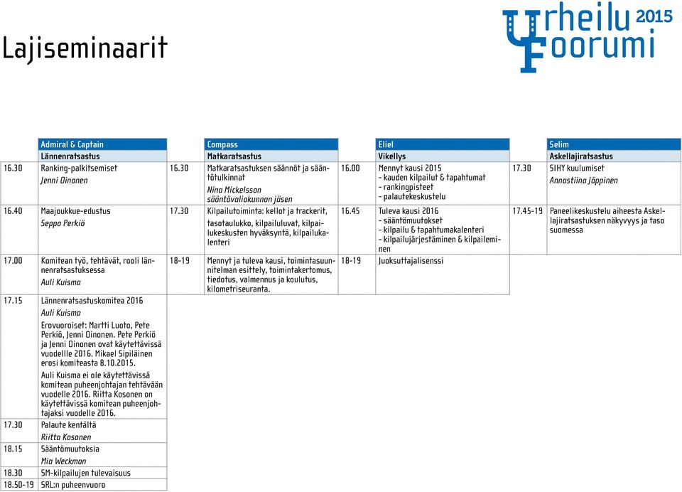 40 Maajoukkue-edustus Seppo Perkiö 17.00 Komitean työ, tehtävät, rooli lännenratsastuksessa Auli Kuisma 17.15 Lännenratsastuskomitea Auli Kuisma Erovuoroiset: Martti Luoto, Pete Perkiö, Jenni Oinonen.