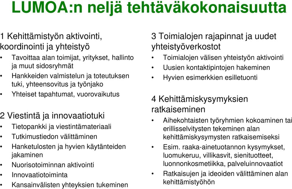 jakaminen Nuorisotoiminnan aktivointi Innovaatiotoiminta Kansainvälisten yhteyksien tukeminen 3 Toimialojen rajapinnat ja uudet yhteistyöverkostot Toimialojen välisen yhteistyön aktivointi Uusien