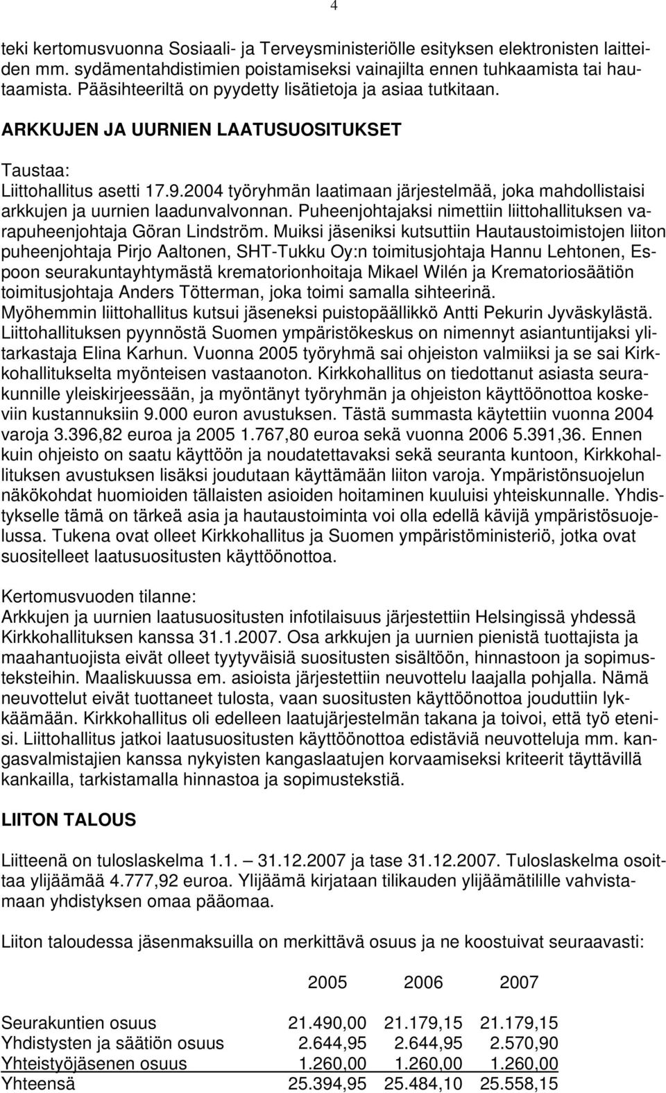 2004 työryhmän laatimaan järjestelmää, joka mahdollistaisi arkkujen ja uurnien laadunvalvonnan. Puheenjohtajaksi nimettiin liittohallituksen varapuheenjohtaja Göran Lindström.