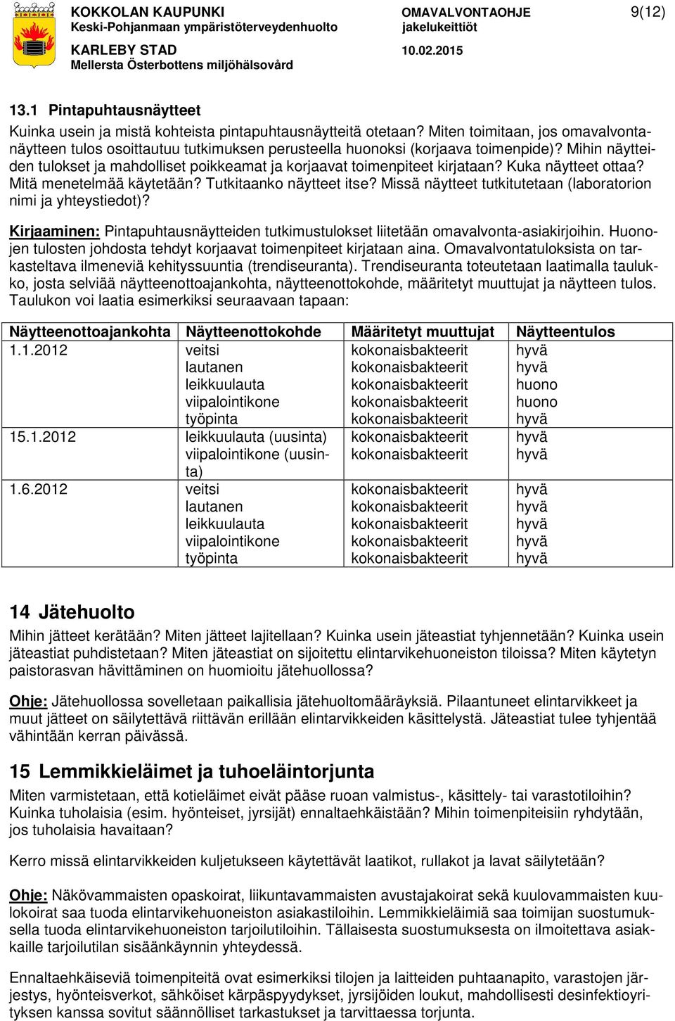 Mihin näytteiden tulokset ja mahdolliset poikkeamat ja korjaavat toimenpiteet kirjataan? Kuka näytteet ottaa? Mitä menetelmää käytetään? Tutkitaanko näytteet itse?