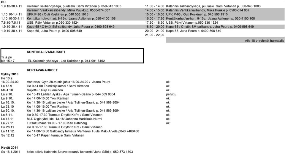 4.11 Kenttäkarhut/yu-harj. 9-15v. Jaana Aaltonen p. 050-4100 108 16.00-17.30 Kenttäkarhut/yu-harj. 9-15v. Jaana Aaltonen p. 050-4100 108 7.8.10-7.5.11 USB, Päivi Virtanen p.050-330 1524 17.30-18.