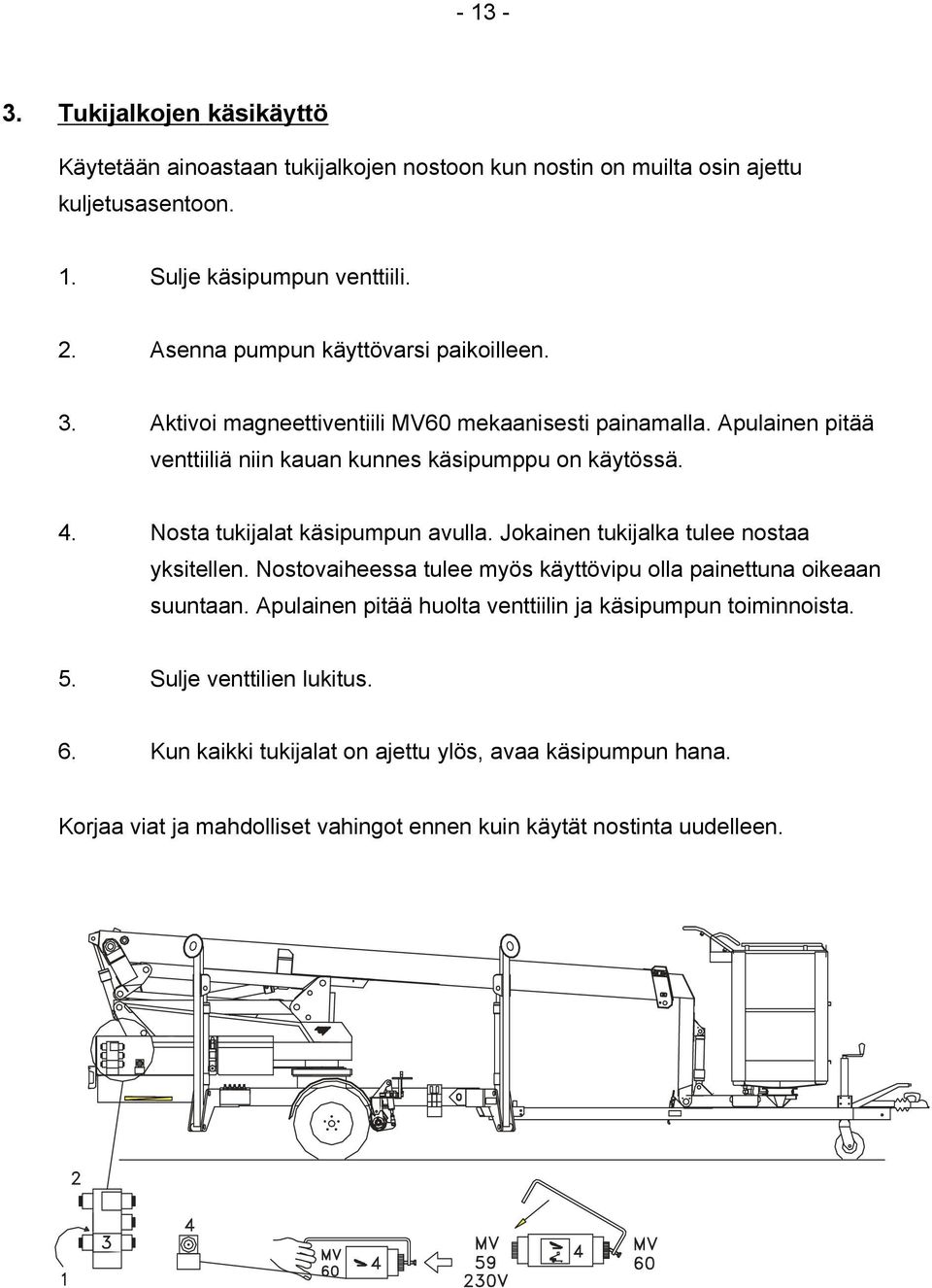 Nosta tukijalat käsipumpun avulla. Jokainen tukijalka tulee nostaa yksitellen. Nostovaiheessa tulee myös käyttövipu olla painettuna oikeaan suuntaan.