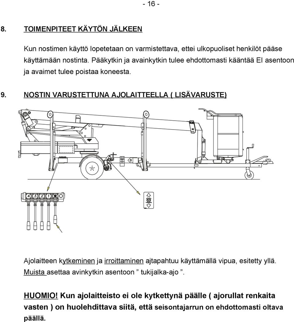 NOSTIN VARUSTETTUNA AJOLAITTEELLA ( LISÄVARUSTE) Ajolaitteen kytkeminen ja irroittaminen ajtapahtuu käyttämällä vipua, esitetty yllä.