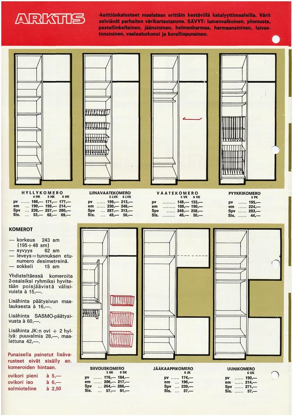 .. 224,- Spv... 283,- Sis.... 44,- KOMEROT - korkeus 243 sm (95+48 sm) - syvyys 62 sm - leveys = tunnuksen etunumero desimetreinä.