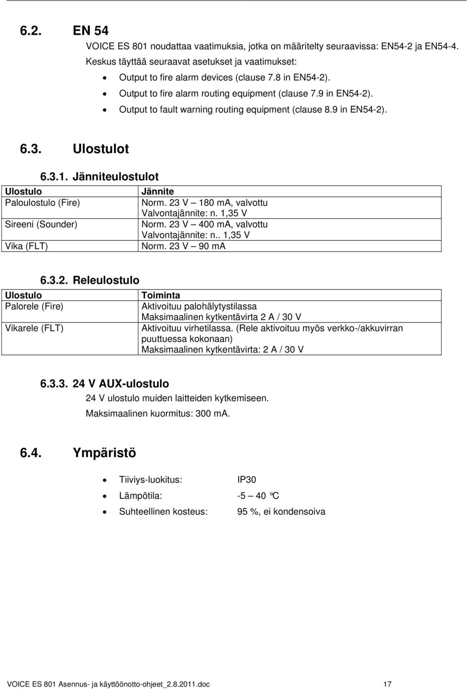 Jänniteulostulot Ulostulo Jännite Paloulostulo (Fire) Norm. 23 V 180 ma, valvottu Valvontajännite: n. 1,35 V Sireeni (Sounder) Norm. 23 V 400 ma, valvottu Valvontajännite: n.. 1,35 V Vika (FLT) Norm.