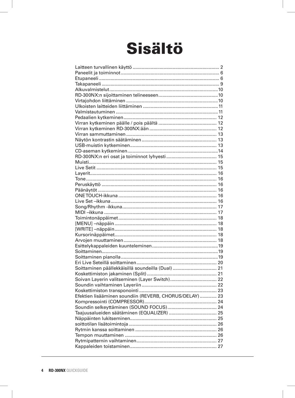 .. 13 Näytön kontrastin säätäminen... 13 USB-muistin kytkeminen... 13 CD-aseman kytkeminen...14 RD-300NX:n eri osat ja toiminnot lyhyesti... 15 Muisti... 15 Live Setit... 15 Layerit... 16 Tone.