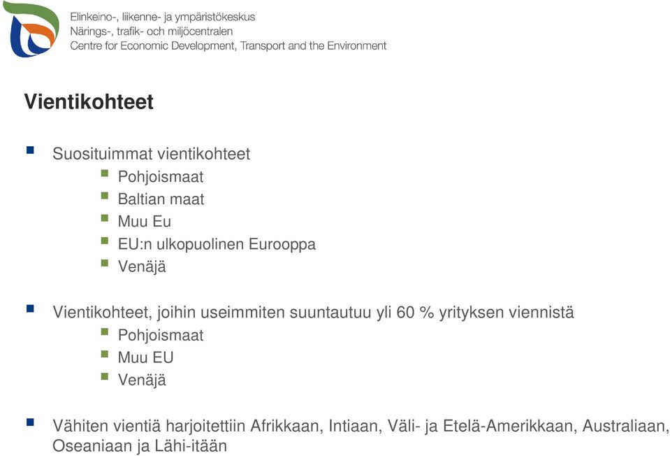 % yrityksen viennistä Pohjoismaat Muu EU Venäjä Vähiten vientiä harjoitettiin