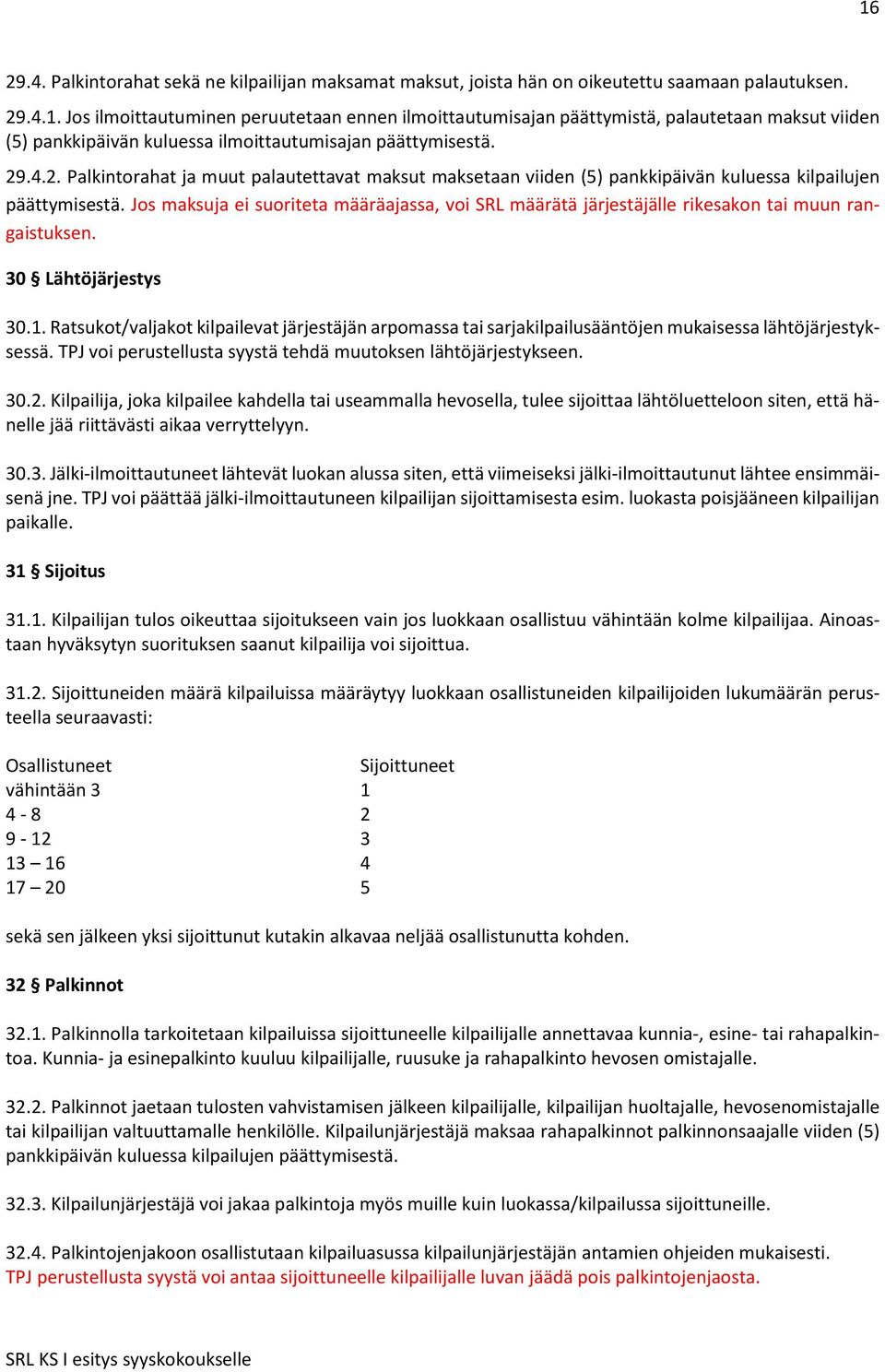 Jos maksuja ei suoriteta määräajassa, voi SRL määrätä järjestäjälle rikesakon tai muun rangaistuksen. 30 Lähtöjärjestys 30.1.