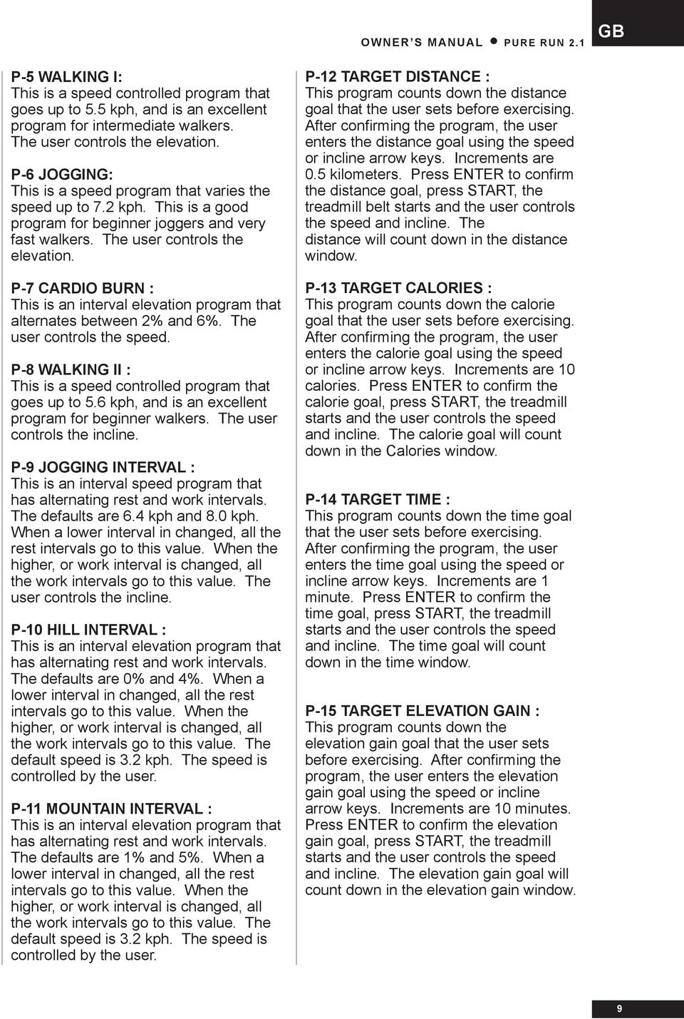 P-7 CARDIO BURN : This is an interval elevation program that alternates between 2% and 6%. The user controls the speed. P-8 WALKING II : This is a speed controlled program that goes up to 5.