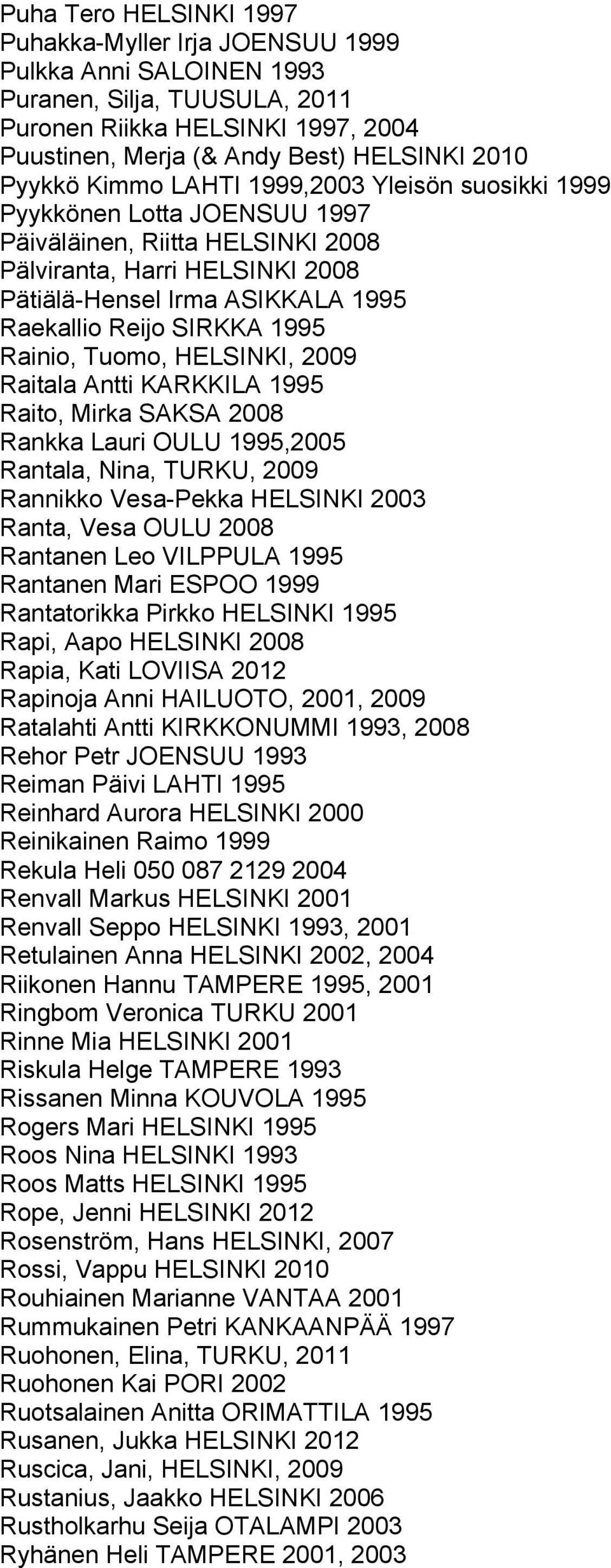 1995 Rainio, Tuomo, HELSINKI, 2009 Raitala Antti KARKKILA 1995 Raito, Mirka SAKSA 2008 Rankka Lauri OULU 1995,2005 Rantala, Nina, TURKU, 2009 Rannikko Vesa-Pekka HELSINKI 2003 Ranta, Vesa OULU 2008