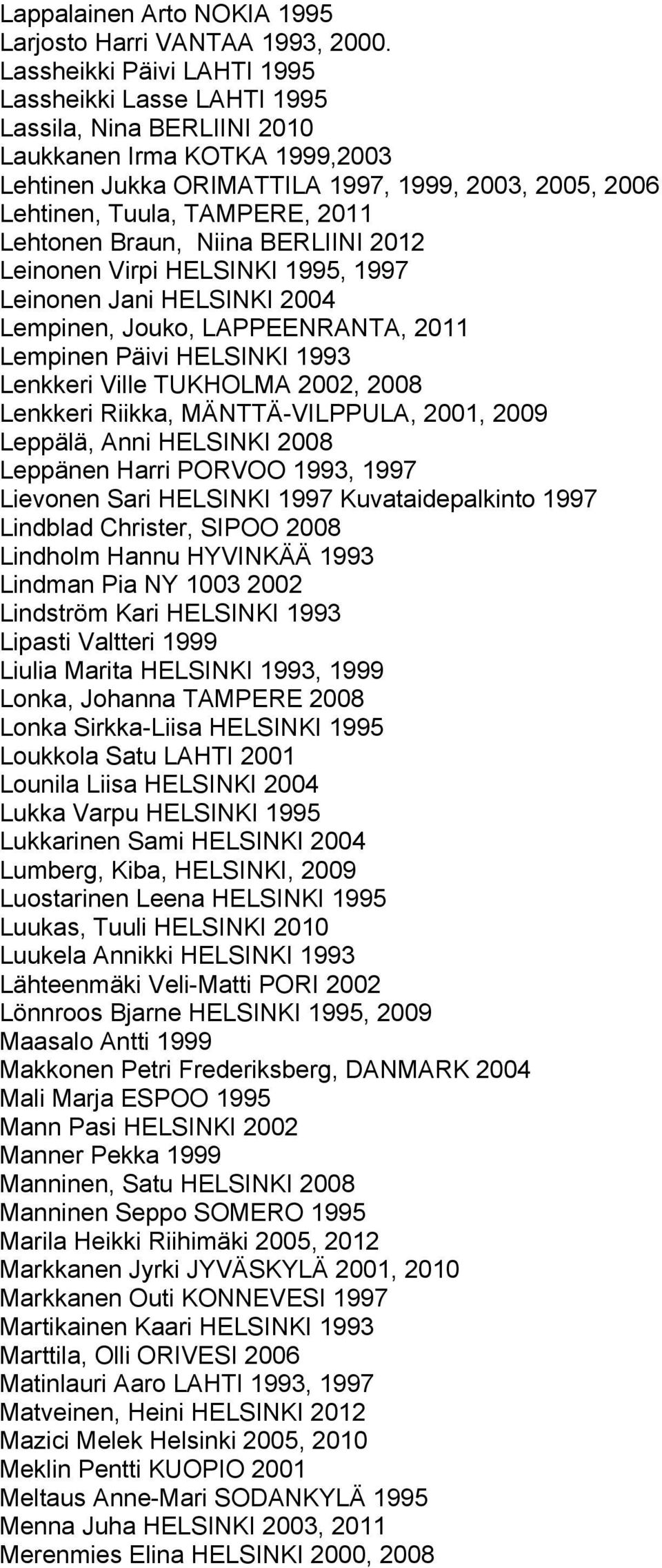 2011 Lehtonen Braun, Niina BERLIINI 2012 Leinonen Virpi HELSINKI 1995, 1997 Leinonen Jani HELSINKI 2004 Lempinen, Jouko, LAPPEENRANTA, 2011 Lempinen Päivi HELSINKI 1993 Lenkkeri Ville TUKHOLMA 2002,