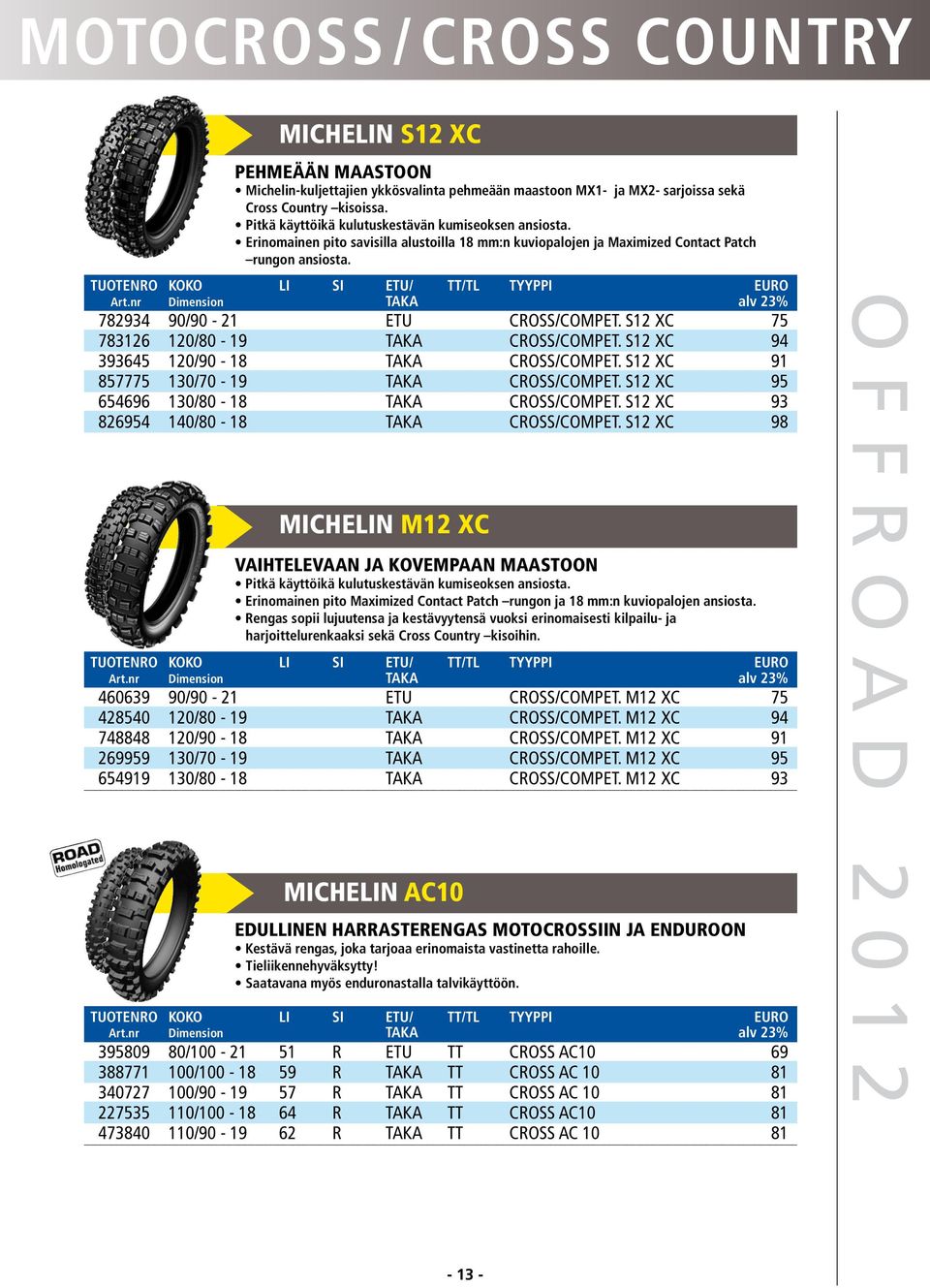 S12 XC 75 783126 120/80-19 TAKA CROSS/COMPET. S12 XC 94 393645 120/90-18 TAKA CROSS/COMPET. S12 XC 91 857775 130/70-19 TAKA CROSS/COMPET. S12 XC 95 654696 130/80-18 TAKA CROSS/COMPET.