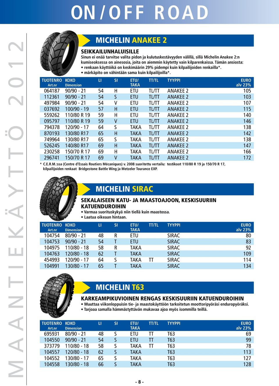 064187 90/90-21 54 H ETU TL/TT ANAKEE 2 105 112361 90/90-21 54 S ETU TL/TT ANAKEE 2 103 497984 90/90-21 54 V ETU TL/TT ANAKEE 2 107 037692 100/90-19 57 H ETU TL/TT ANAKEE 2 115 559262 110/80 R 19 59