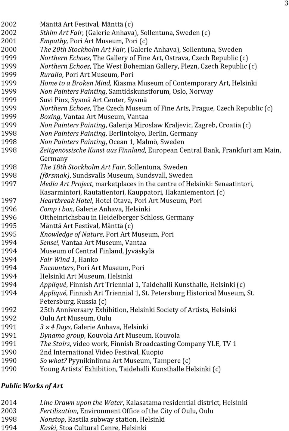 Pori 1999 Home to a Broken Mind, Kiasma Museum of Contemporary Art, Helsinki 1999 Non Painters Painting, Samtidskunstforum, Oslo, Norway 1999 Suvi Pinx, Sysmä Art Center, Sysmä 1999 Northern Echoes,