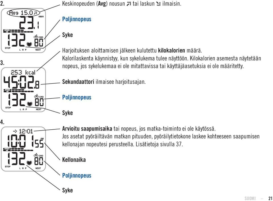 Kilokalorien asemesta näytetään nopeus, jos sykelukemaa ei ole mitattavissa tai käyttäjäasetuksia ei ole määritetty. Sekundaattori ilmaisee harjoitusajan.