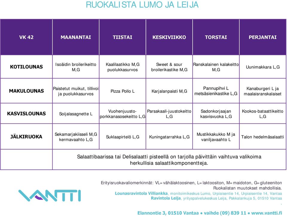 Parsakaali-juustokeitto Sadonkorjaajan kasvisvuoka Kookos-bataattikeitto JÄLKIRUOKA Sekamarjakiisseli kermavaahto Suklaapirtelö Kuningatarrahka Mustikkakukko M ja