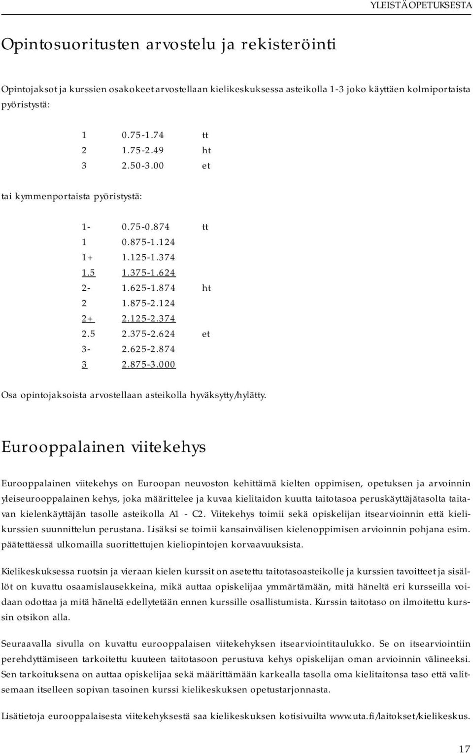 624 et 3-2.625-2.874 3 2.875-3.000 Osa opintojaksoista arvostellaan asteikolla hyväksytty/hylätty.