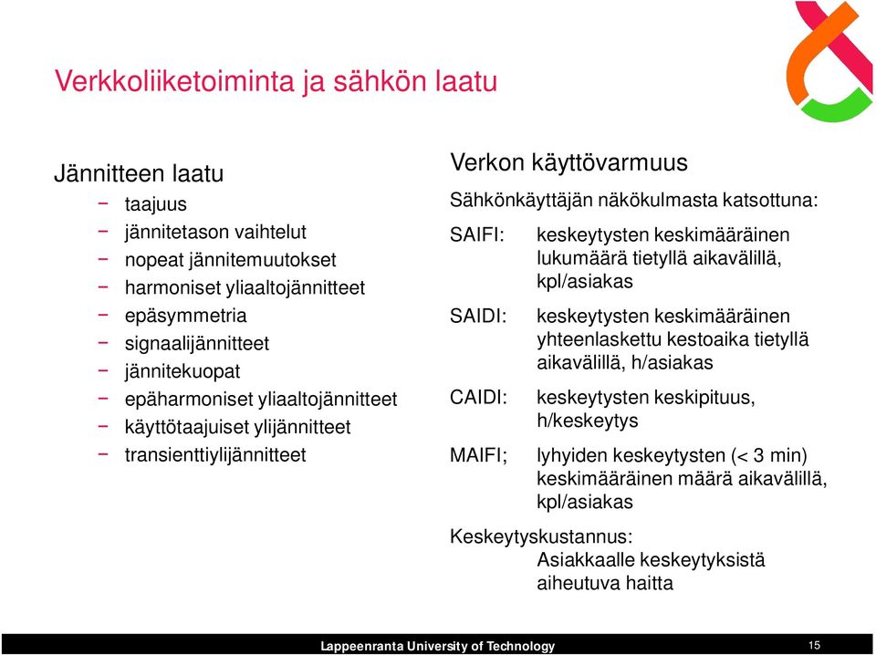 SAIDI: CAIDI: MAIFI; keskeytysten keskimääräinen lukumäärä tietyllä aikavälillä, kpl/asiakas keskeytysten keskimääräinen yhteenlaskettu kestoaika tietyllä aikavälillä,