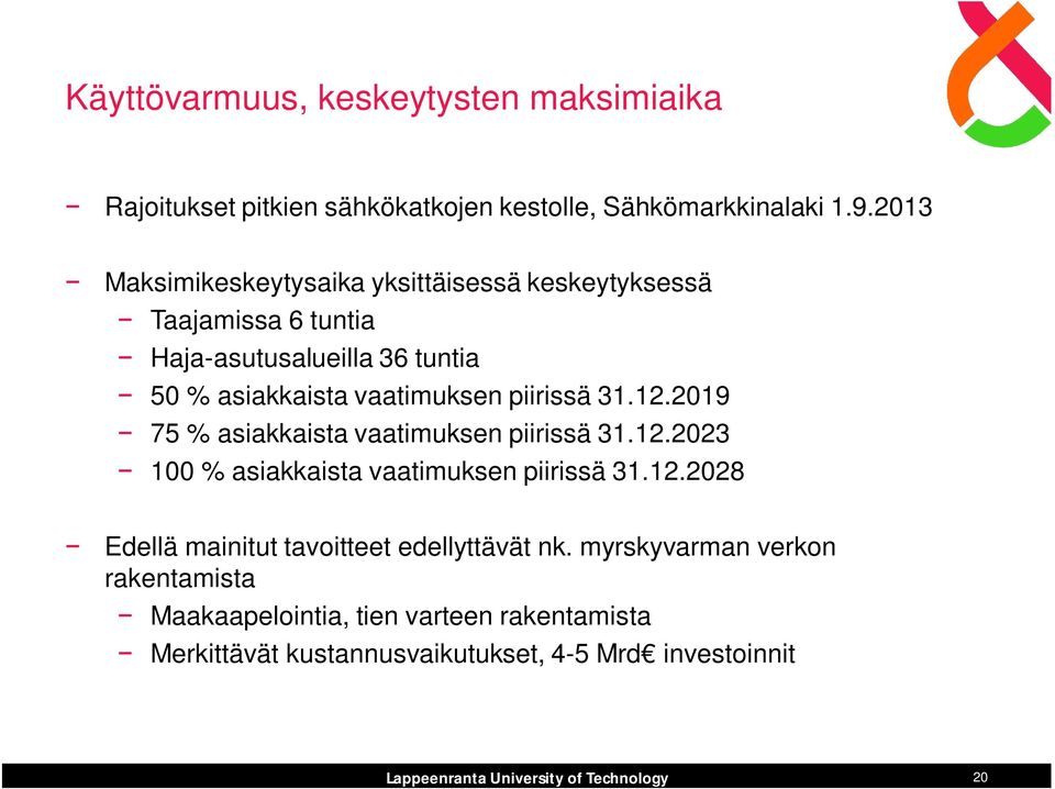 piirissä 31.12.2019 75 % asiakkaista vaatimuksen piirissä 31.12.2023 100 % asiakkaista vaatimuksen piirissä 31.12.2028 Edellä mainitut tavoitteet edellyttävät nk.