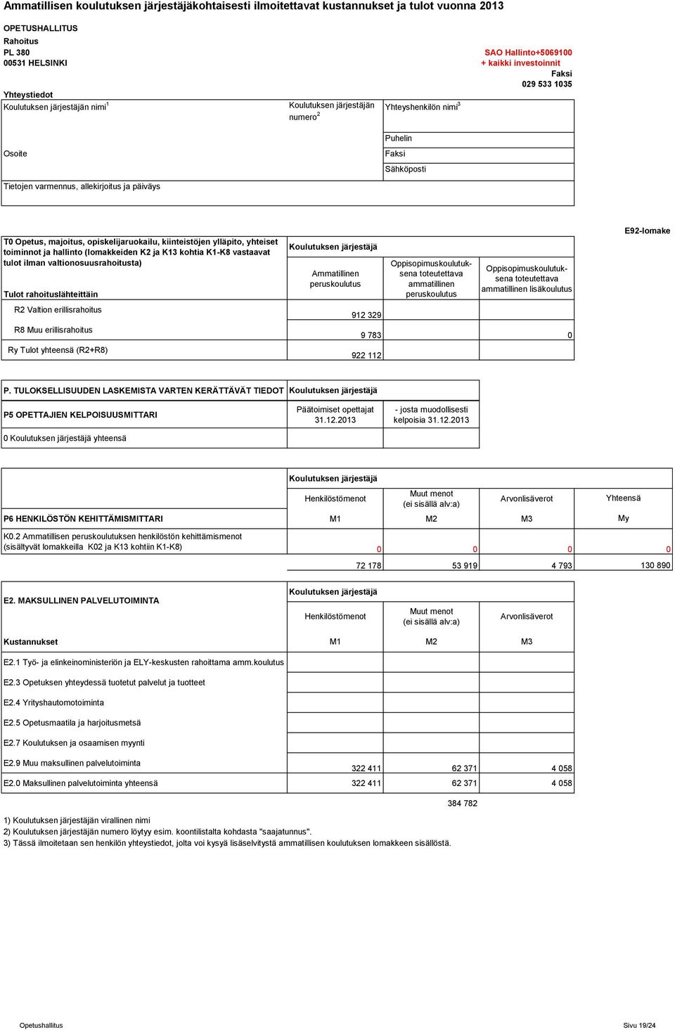 valtionosuusrahoitusta) Tulot rahoituslähteittäin R2 Valtion erillisrahoitus R8 Muu erillisrahoitus Ry Tulot yhteensä (R2+R8) Ammatillinen 912 329 ammatillinen ammatillinen 9 783 922 112 E92-lomake P.