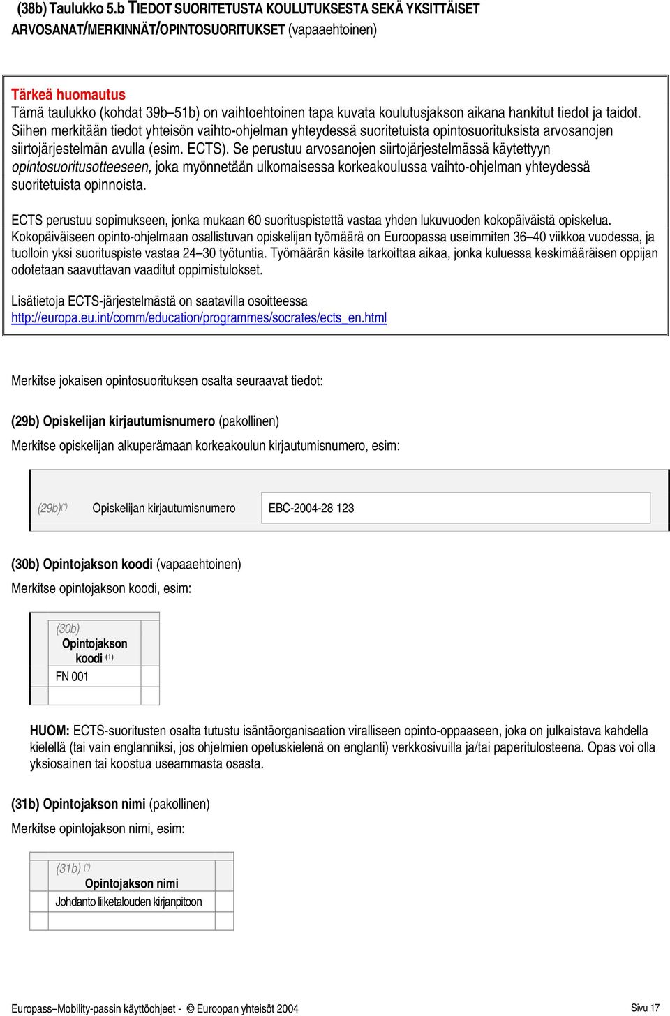 aikana hankitut tiedot ja dot. Siihen merkitään tiedot yhteisön vaihto-ohjelman yhteydessä suoritetuista opintosuorituksista arvosanojen siirtojärjestelmän avulla (esim. ECTS).
