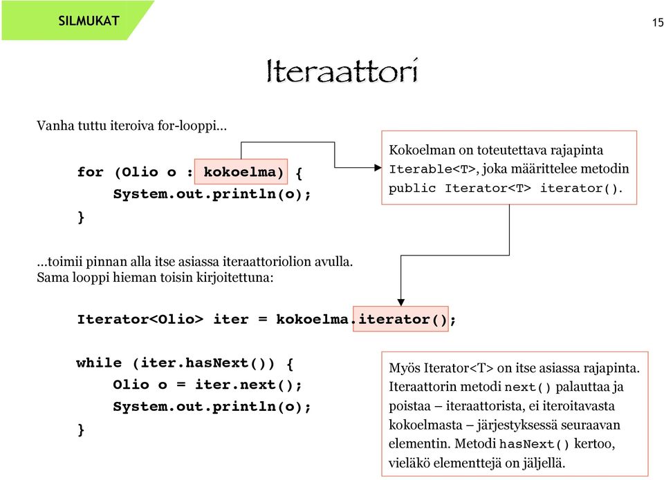 ...toimii pinnan alla itse asiassa iteraattoriolion avulla. Sama looppi hieman toisin kirjoitettuna: Iterator<Olio> iter = kokoelma.iterator(); while (iter.