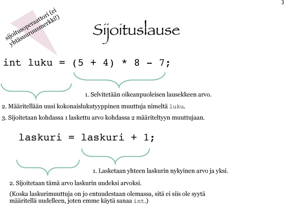 Sijoitetaan kohdassa 1 laskettu arvo kohdassa 2 määriteltyyn muuttujaan. laskuri = laskuri + 1; 2.