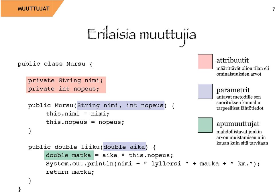 nopeus = nopeus; } attribuutit määrittävät olion tilan eli ominaisuuksien arvot parametrit antavat metodille sen suorituksen kannalta