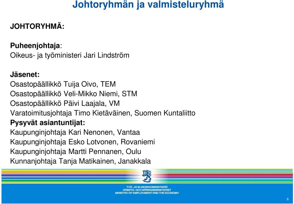 Varatoimitusjohtaja Timo Kietäväinen, Suomen Kuntaliitto Pysyvät asiantuntijat: Kaupunginjohtaja Kari Nenonen,