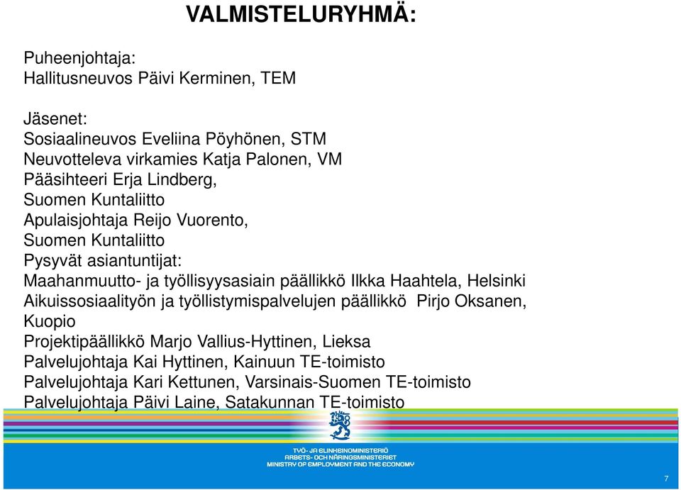 päällikkö Ilkka Haahtela, Helsinki Aikuissosiaalityön ja työllistymispalvelujen päällikkö Pirjo Oksanen, Kuopio Projektipäällikkö Marjo Vallius-Hyttinen,