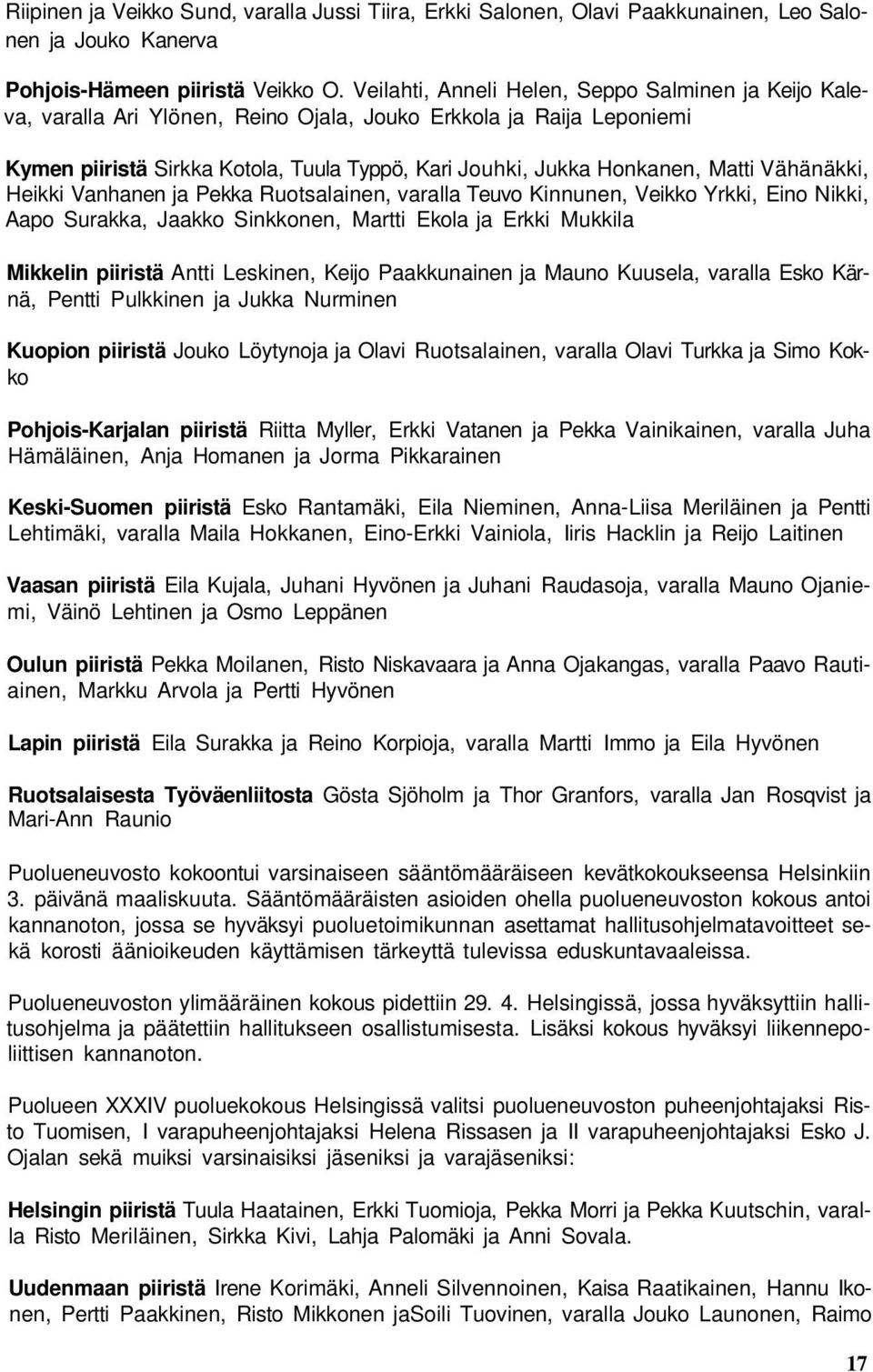 Vähänäkki, Heikki Vanhanen ja Pekka Ruotsalainen, varalla Teuvo Kinnunen, Veikko Yrkki, Eino Nikki, Aapo Surakka, Jaakko Sinkkonen, Martti Ekola ja Erkki Mukkila Mikkelin piiristä Antti Leskinen,