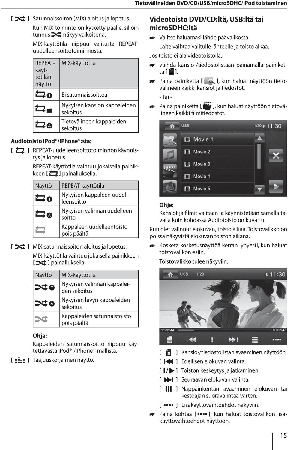 REPEATkäyttötilan näyttö MIX-käyttötila Ei satunnaissoittoa Nykyisen kansion kappaleiden sekoitus Tietovälineen kappaleiden sekoitus Videotoisto DVD/CD:ltä, USB:ltä tai microsdhc:ltä 쏅 Valitse