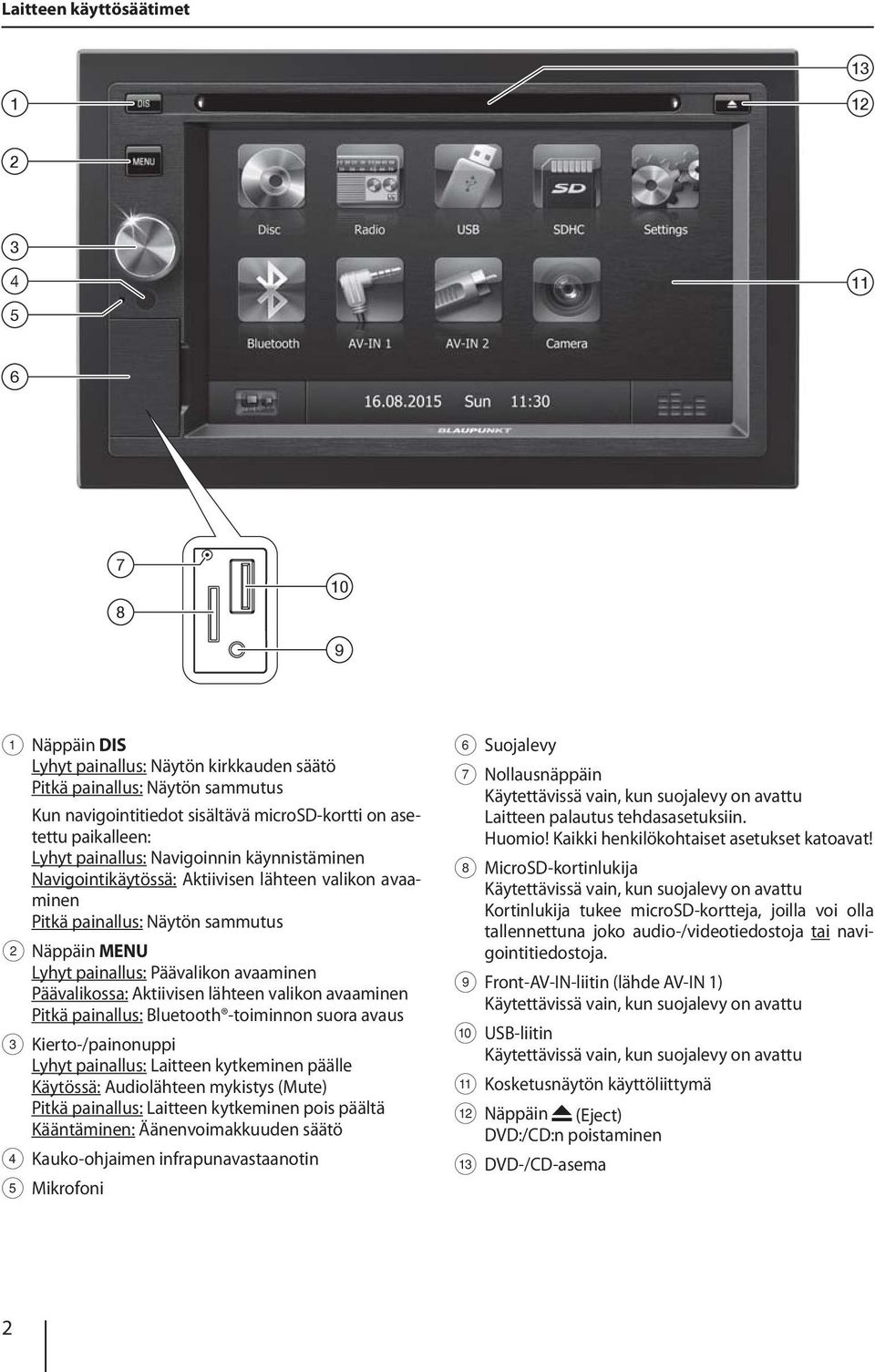 Päävalikossa: Aktiivisen lähteen valikon avaaminen Pitkä painallus: Bluetooth -toiminnon suora avaus 3 Kierto-/painonuppi Lyhyt painallus: Laitteen kytkeminen päälle Käytössä: Audiolähteen mykistys