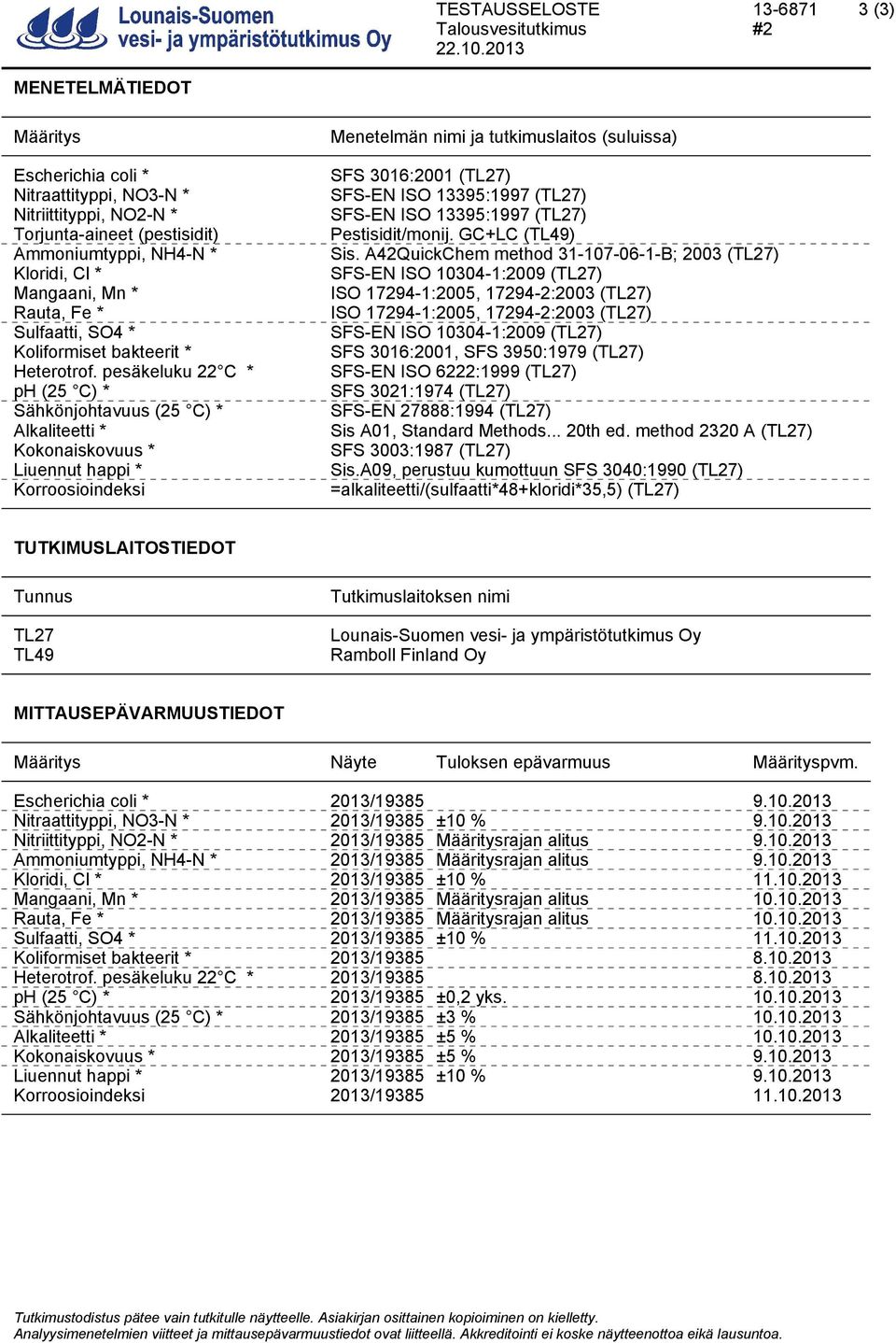 Rauta, Fe * Sulfaatti, SO4 * Koliformiset bakteerit * Heterotrof.