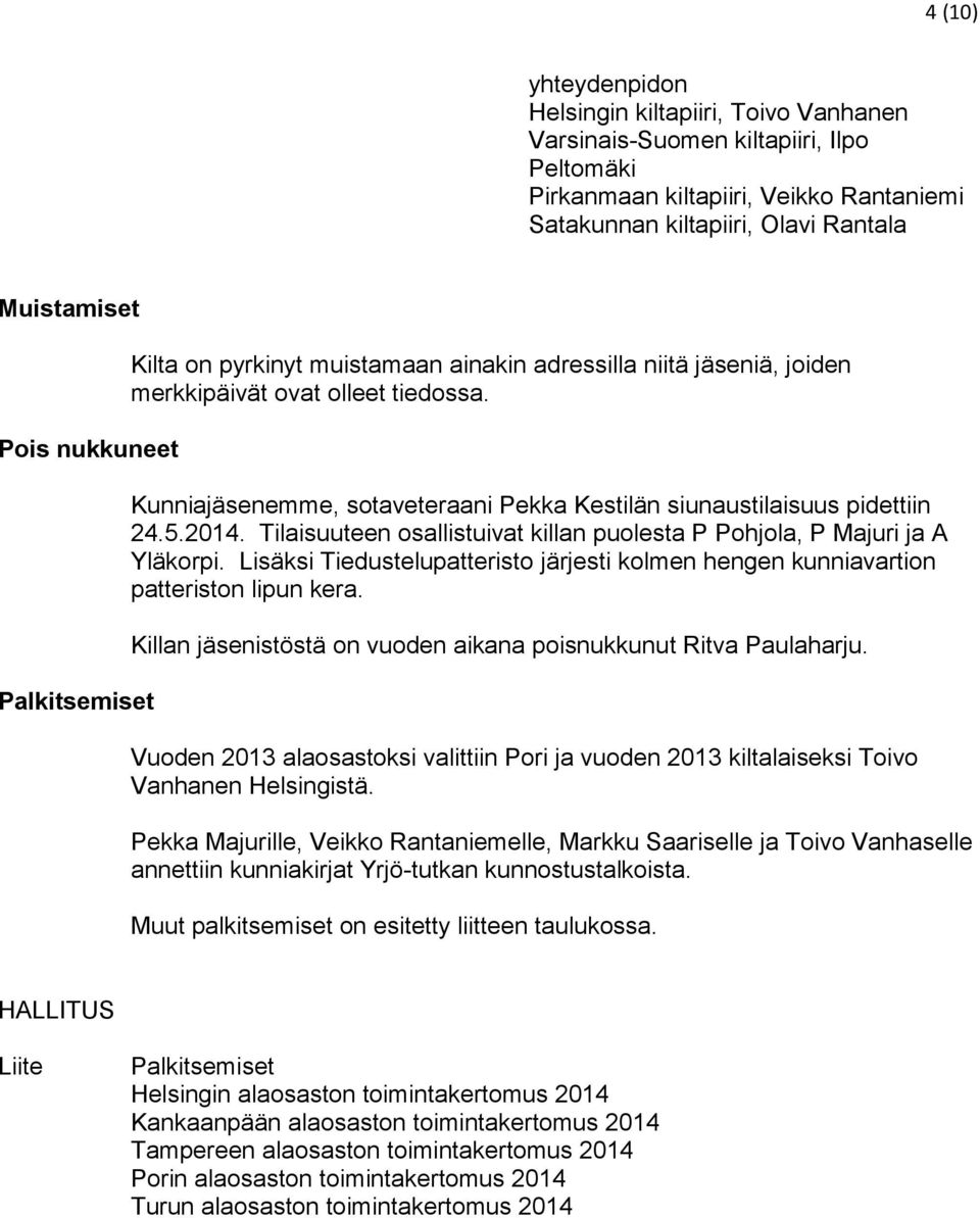 Kunniajäsenemme, sotaveteraani Pekka Kestilän siunaustilaisuus pidettiin 24.5.2014. Tilaisuuteen osallistuivat killan puolesta P Pohjola, P Majuri ja A Yläkorpi.