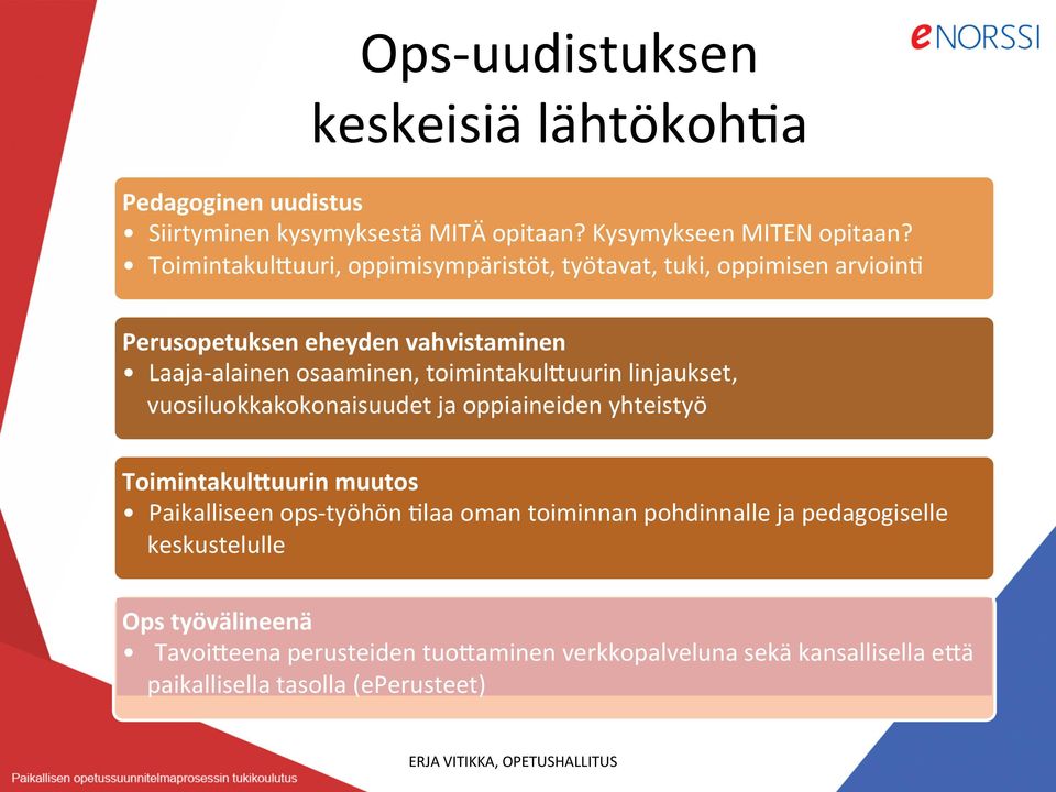 toimintakulluurin linjaukset, vuosiluokkakokonaisuudet ja oppiaineiden yhteistyö Toimintakul6uurin muutos Paikalliseen ops- työhön Rlaa oman toiminnan