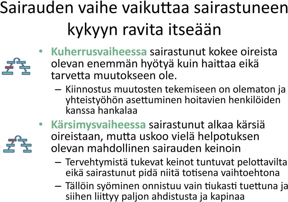 Kiinnostus muutosten tekemiseen on olematon ja yhteistyöhön ase5uminen hoitavien henkilöiden kanssa hankalaa Kärsimysvaiheessa sairastunut alkaa