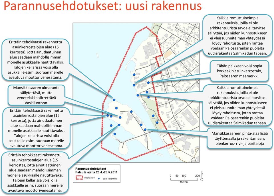 Erittäin tehokkaasti rakennettu asuinkerrostalojen alue (15 kerrosta), jotta ainutlaatuinen alue saadaan mahdollisimman monelle asukkaalle nautittavaksi. Talojen kellarissa voisi olla asukkaille esim.