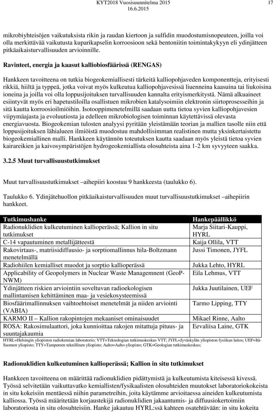 Ravinteet, energia ja kaasut kalliobiosfäärissä (RENGAS) Hankkeen tavoitteena on tutkia biogeokemiallisesti tärkeitä kalliopohjaveden komponentteja, erityisesti rikkiä, hiiltä ja typpeä, jotka voivat