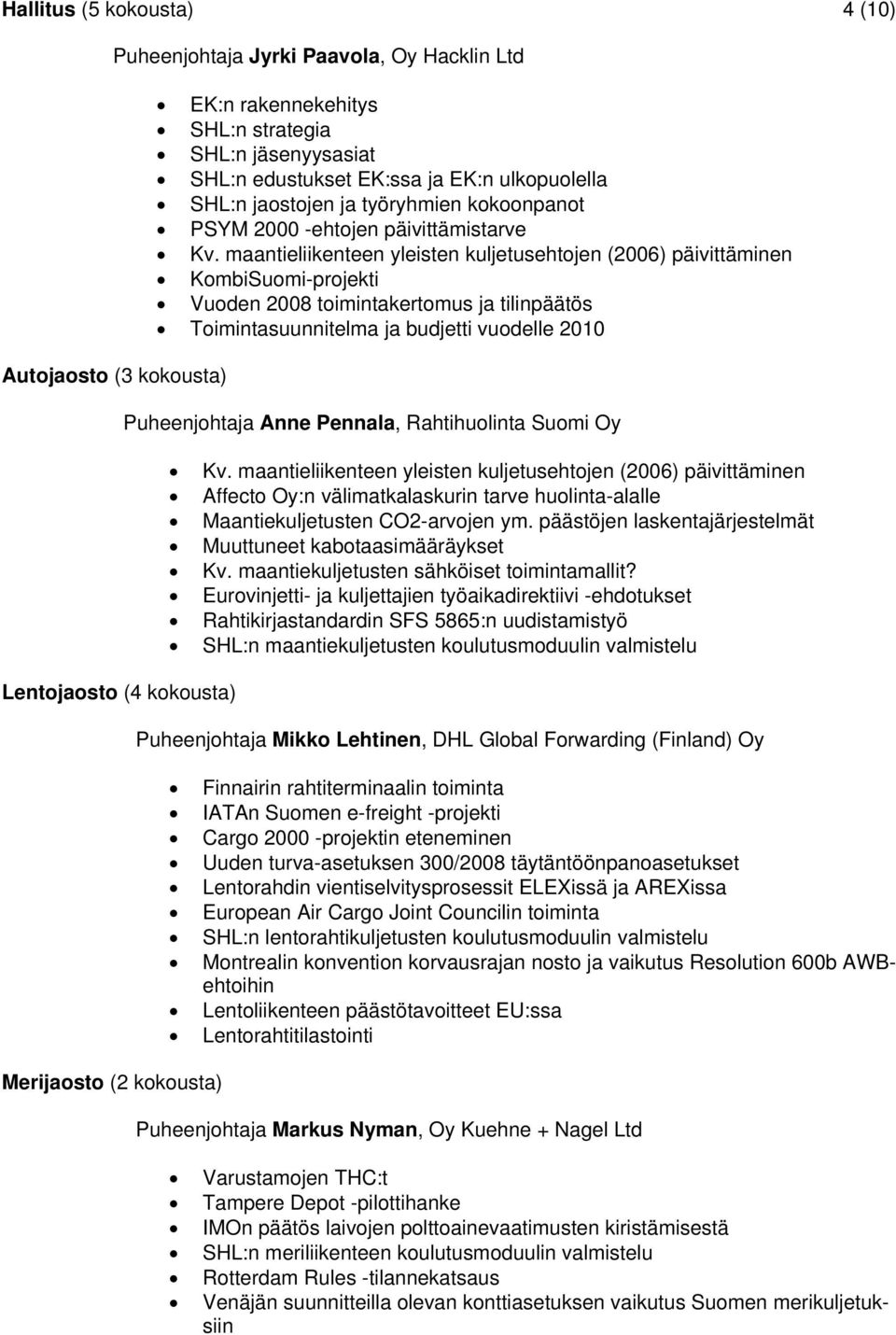 maantieliikenteen yleisten kuljetusehtojen (2006) päivittäminen KombiSuomi-projekti Vuoden 2008 toimintakertomus ja tilinpäätös Toimintasuunnitelma ja budjetti vuodelle 2010 Puheenjohtaja Anne