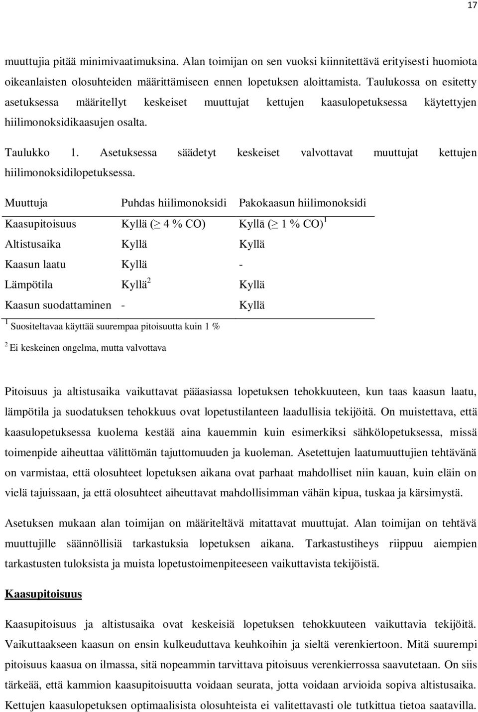 Asetuksessa säädetyt keskeiset valvottavat muuttujat kettujen hiilimonoksidilopetuksessa.