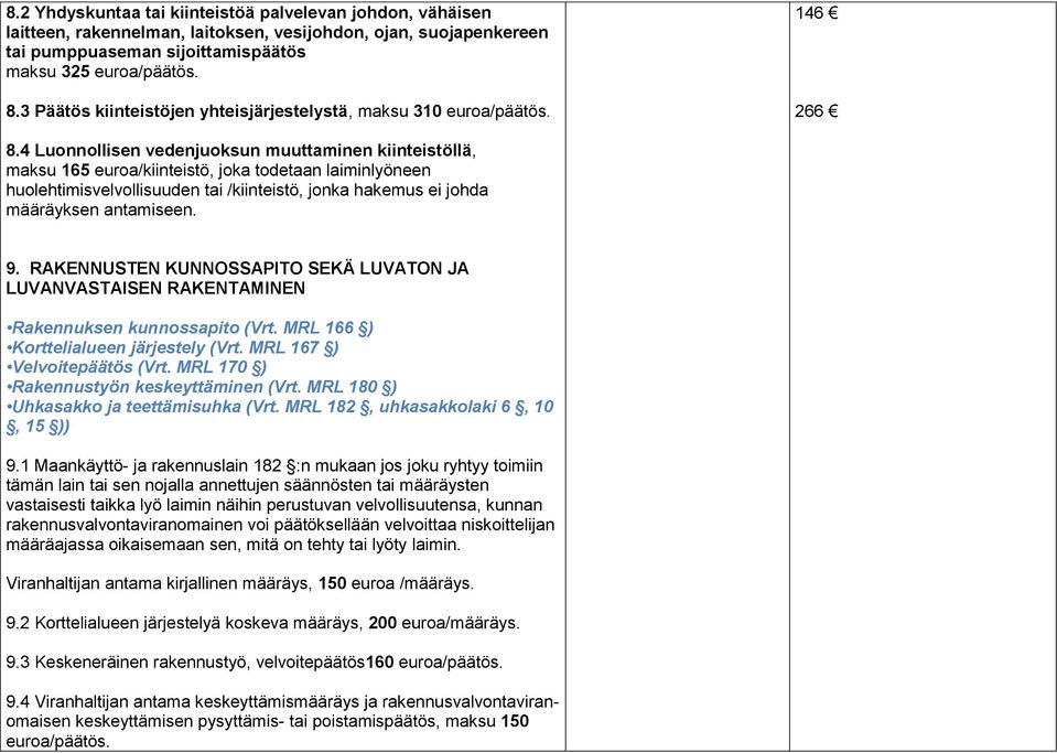 4 Luonnollisen vedenjuoksun muuttaminen kiinteistöllä, maksu 165 euroa/kiinteistö, joka todetaan laiminlyöneen huolehtimisvelvollisuuden tai /kiinteistö, jonka hakemus ei johda määräyksen antamiseen.