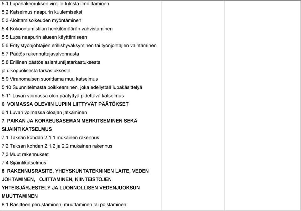 8 Erillinen päätös asiantuntijatarkastuksesta ja ulkopuolisesta tarkastuksesta 5.9 Viranomaisen suorittama muu katselmus 5.10 Suunnitelmasta poikkeaminen, joka edellyttää lupakäsittelyä 5.